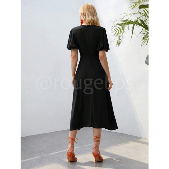 Black V-Neck Midi Dress Fit and Flare Butterfly Sleeve Faux Button Front - Picture 4 of 7